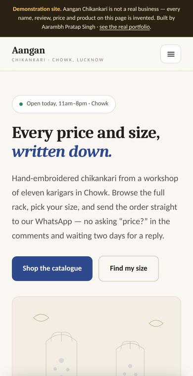 The Aangan Chikankari boutique demo on a phone