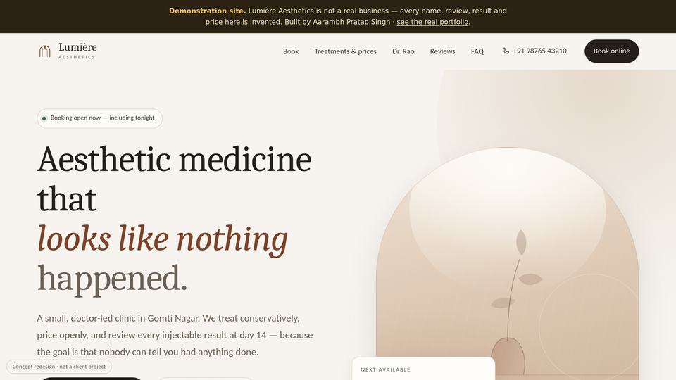 The Lumi&egrave;re Aesthetics clinic demo, open in a browser